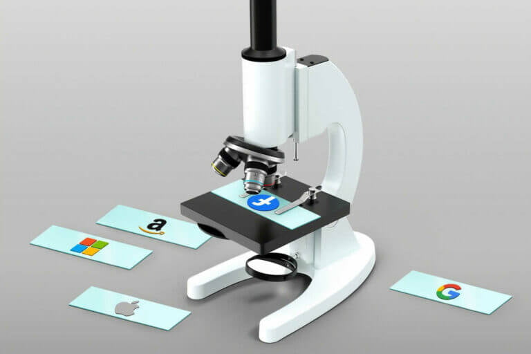 brand positioning-white and black microscope looking at social media logos