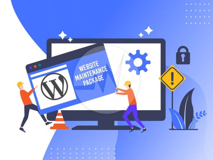 illustration of site workers on laptop with words website maintenance plan