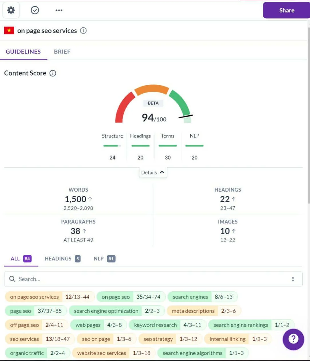On Page SEO Content Score For Web Page Using Surfer SEO