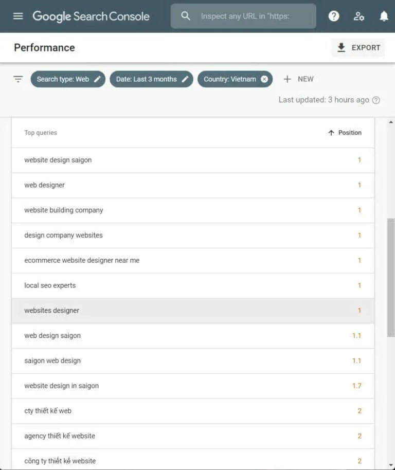 recent on page seo results from web design saigon website showing number 1 for keywords