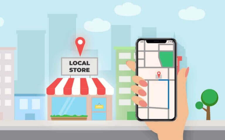 an illustration of a hand and directions on a mobile phone to the store for local seo audit.