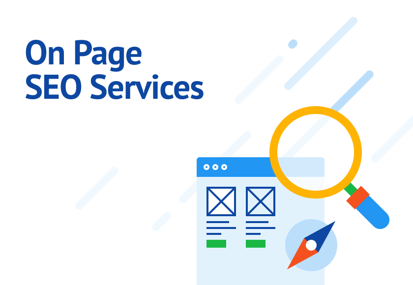 on page seo services by web design saigon wrote next to illustration of web page and magnifying glass.