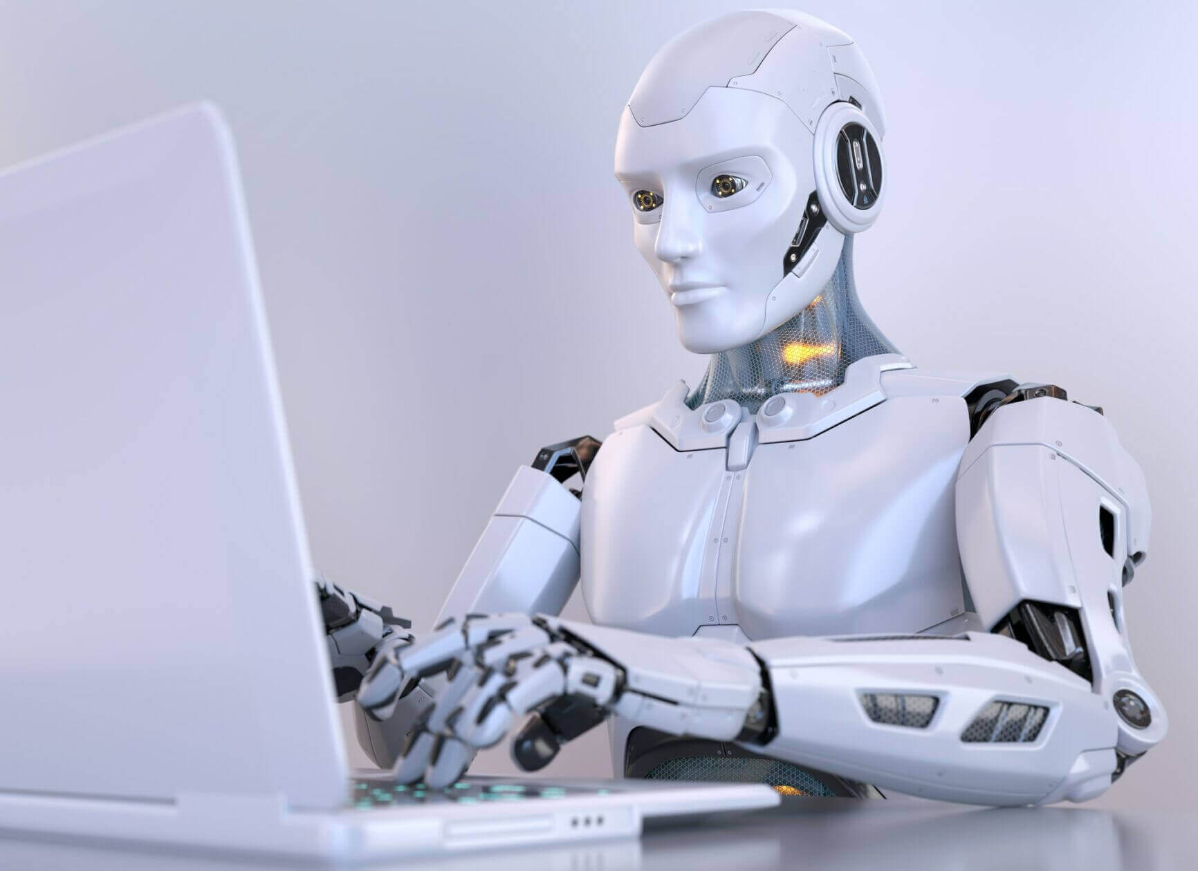 Robot working with laptop delivering technical seo services