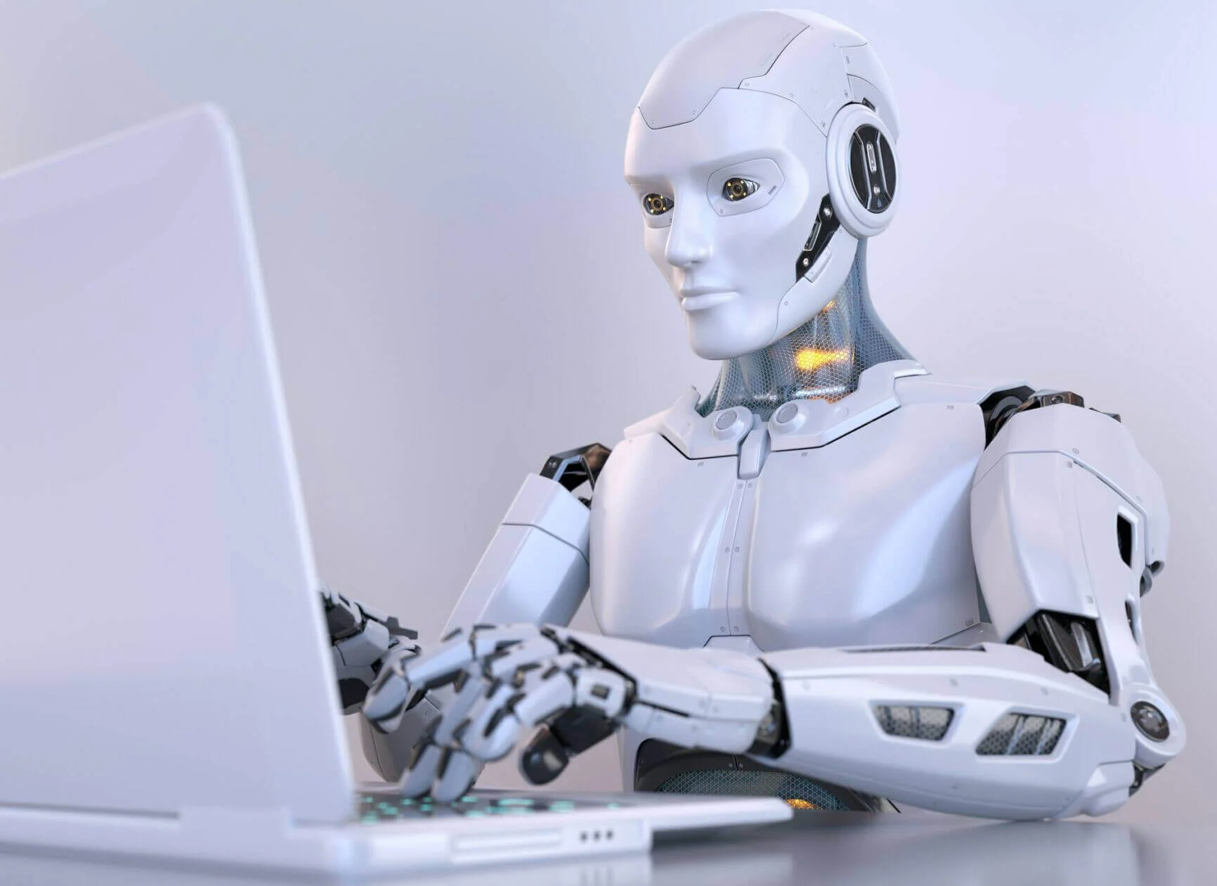 Robot working with laptop delivering technical seo services