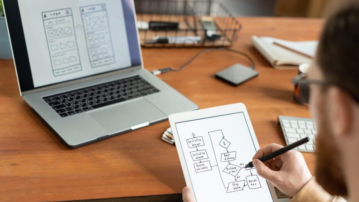 A colleague Drawing a process flow scheme for ui design at our ui ux design agency in Ho Chi Minh City.