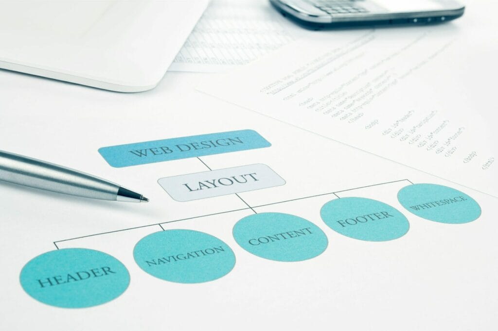 Conceptual web design layout building plan. Pen and smartphone.Toned